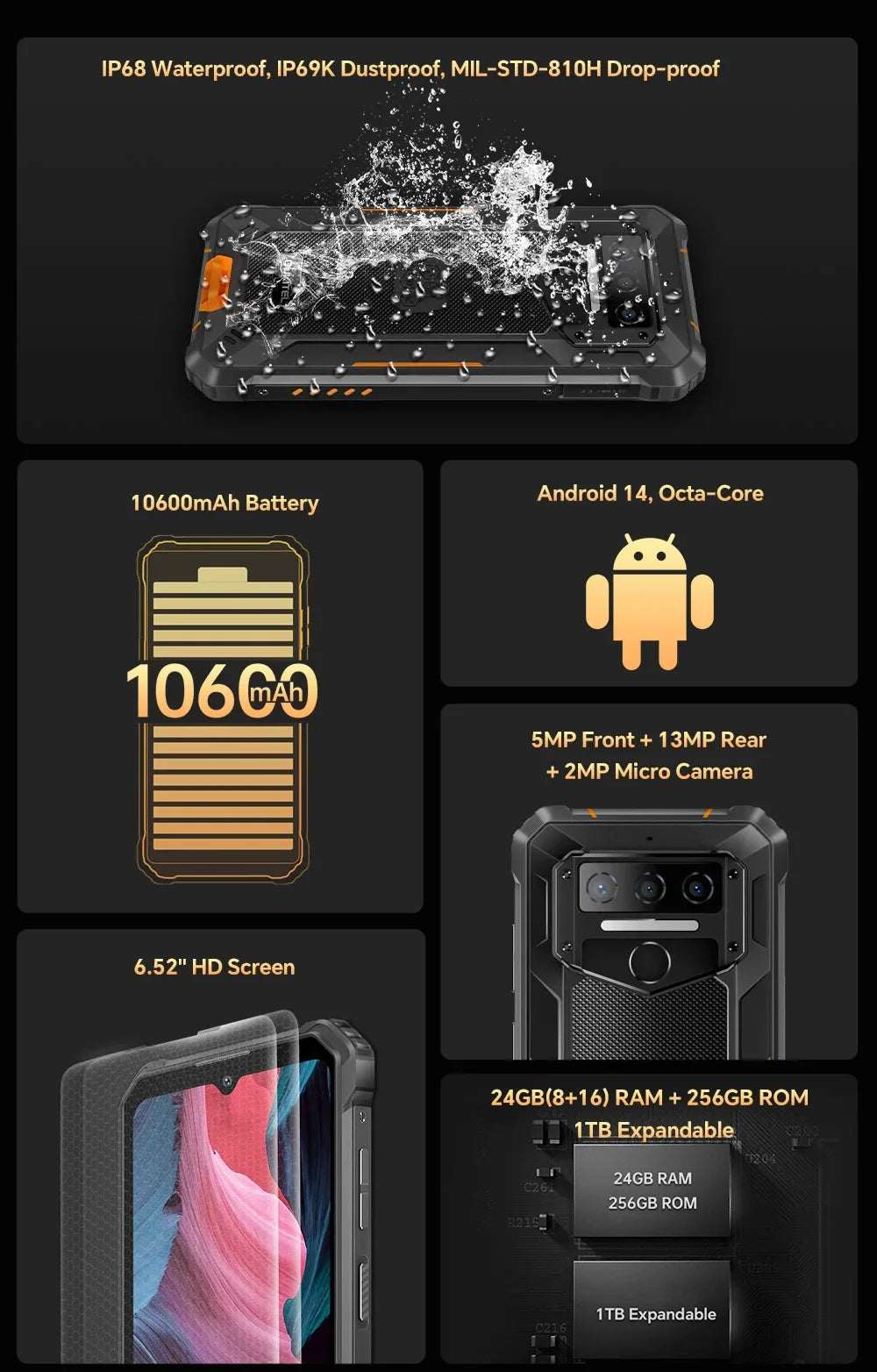 OUKITEL WP23 Plus Rugged Smartphone | 24GB+256GB, 10600mAh Battery, 6.52” Display, Android 14, IP68 Waterproof & Shockproof