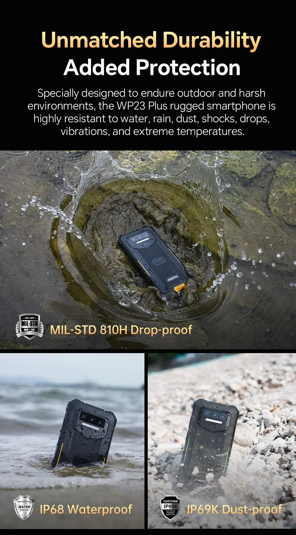 OUKITEL WP23 Plus Rugged Smartphone | 24GB+256GB, 10600mAh Battery, 6.52” Display, Android 14, IP68 Waterproof & Shockproof