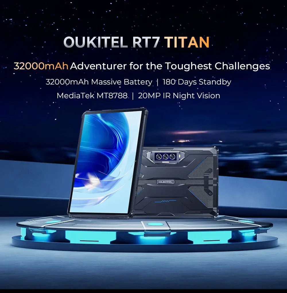 Oukitel RT7 Titan Rugged Android Tablet | 10.1” FHD+ Display, 32000mAh Battery, 8GB RAM + 256GB Storage, 32MP + 48MP Cameras, Android 13, 4G LTE