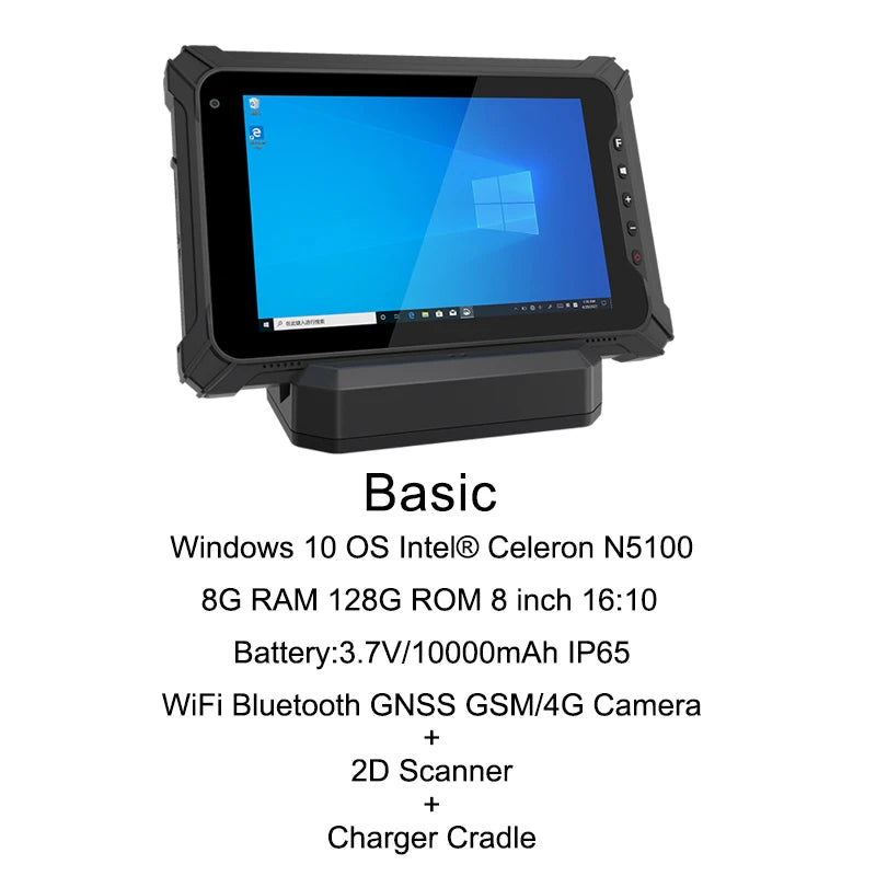 8” Rugged Windows Tablet – 8GB + 128GB, 4G, Wi-Fi, Barcode Scanner | Industrial Handheld PC