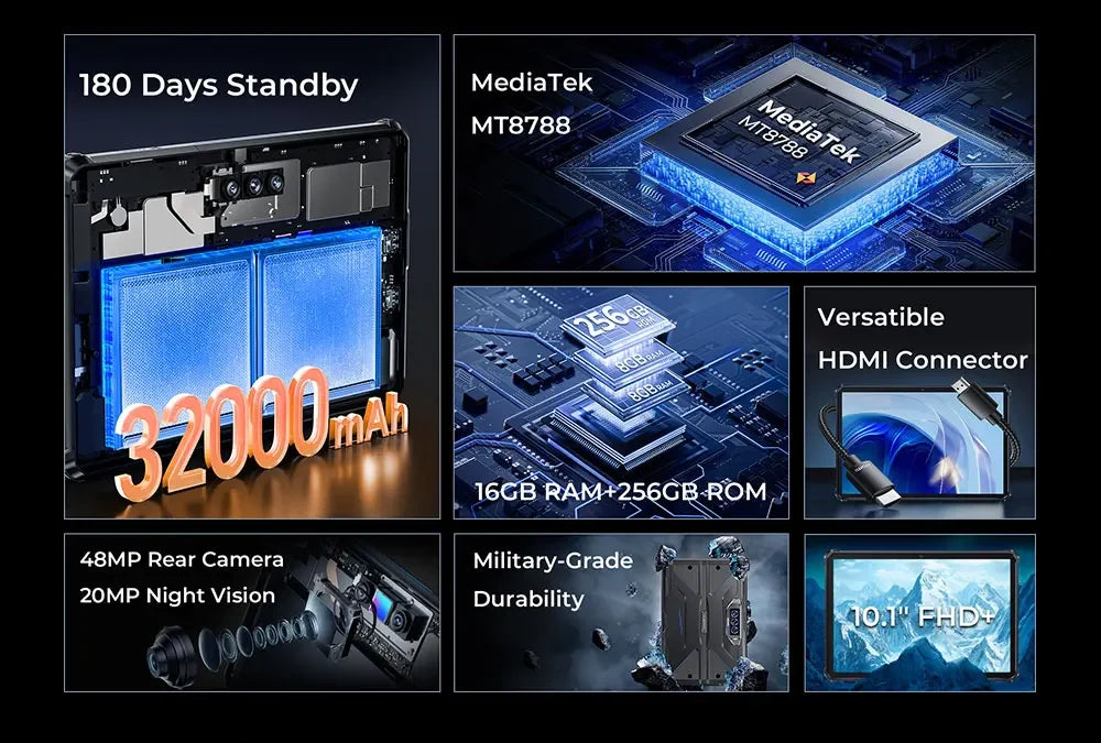 Oukitel RT7 Titan Rugged Android Tablet | 10.1” FHD+ Display, 32000mAh Battery, 8GB RAM + 256GB Storage, 32MP + 48MP Cameras, Android 13, 4G LTE